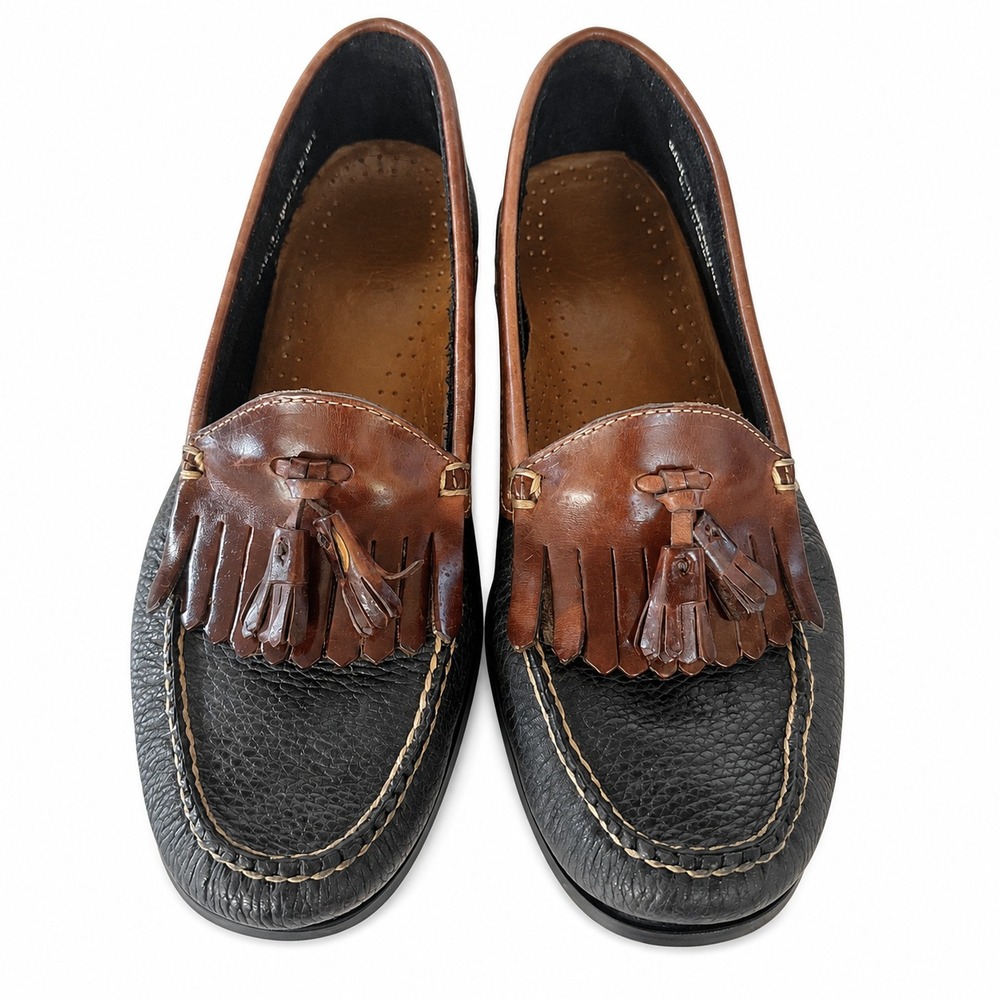 Bass Weejuns Kiltie Tassel Loafers Men 9.5 Black Brown Pebbled Leather Slip On